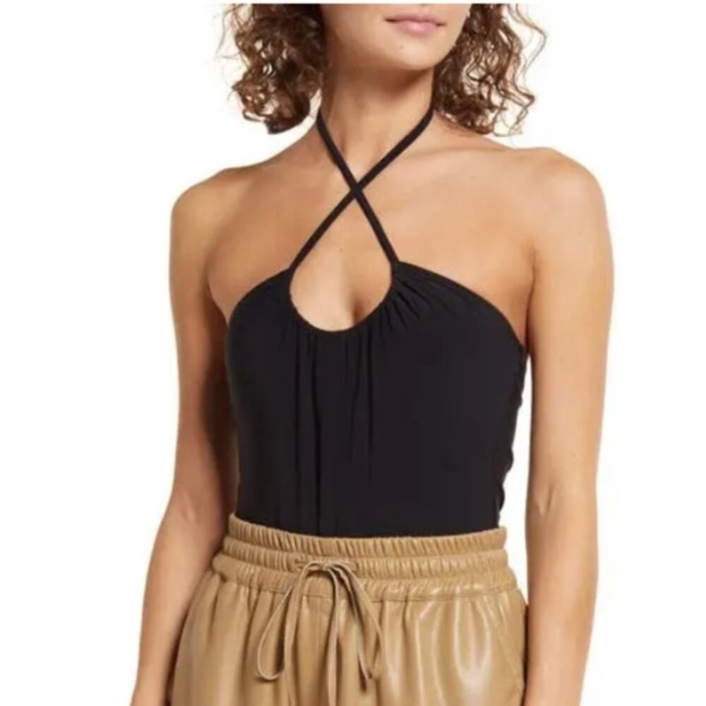 OPEN EDIT Halter Adjustable Black Scrunch Bodysuit Extra‎ Small XS Tank